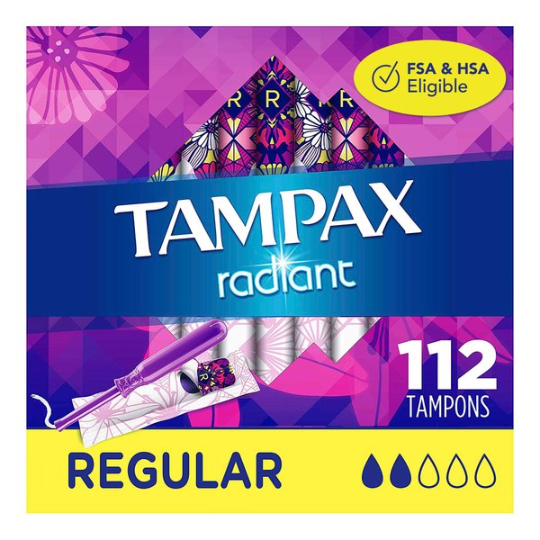 Tampax Radiant Plastic Tampons, Regular Absorbency, Unscented, 28 Count (Pack of 4) (112 Count Total) (Packaging May Vary)