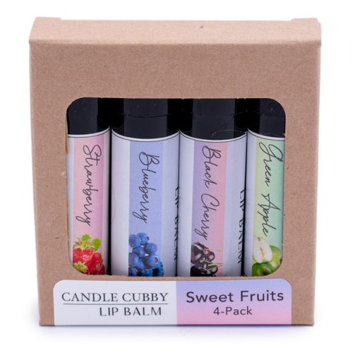 Candle Cubby Lip Balm Sweet Fruits 4-Pack, Strawberry Blueberry Black Cherry Green Apple, Natural Beeswax, Moisturizing Lip Treatment, 4 Tubes, 0.15 oz., White