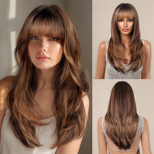 Allbell Colored Honey Brown Wigs for Women Long Straight Layered Synthetic Wigs with Bangs Heat Resistant Hair for Daily Party Use