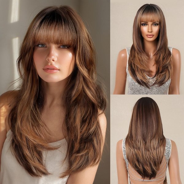 Allbell Colored Honey Brown Wigs for Women Long Straight Layered Synthetic Wigs with Bangs Heat Resistant Hair for Daily Party Use