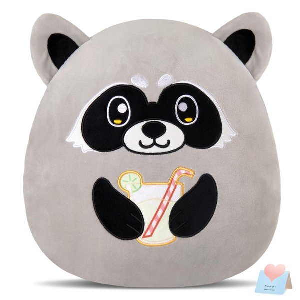 Glow Guards 12-Inch Raccoon Plush Pillow Cute Raccoon Stuffed Animal Soft Raccoon Plush Toy Holding Juice, Birthday Raccoon Gift for Boys Girls Kid