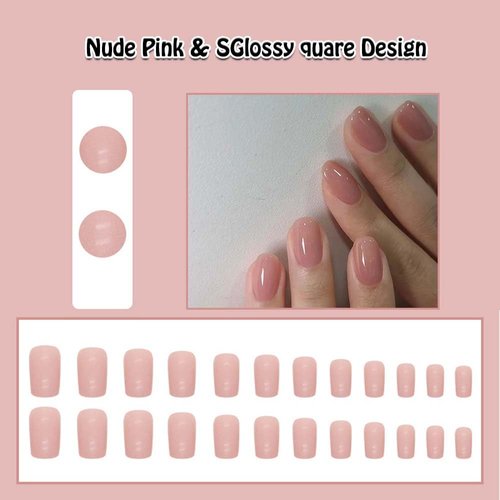 ANDGING Short Oval Press on Nails Nude Pink Fake Nails with Glossy Design Petite Glue on Nails for Women Girls Acrylic False Nails Stick on Nails Full Cover Manicure Press on Nail for Wedding 24Pcs