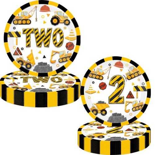 80 Pcs Construction 2nd Birthday Decorations Construction Two Years Old Disposable Paper Dinner Plates Napkins Forks Dinnerware for Dump Truck Theme 2nd Bday Party Supplies Decorations