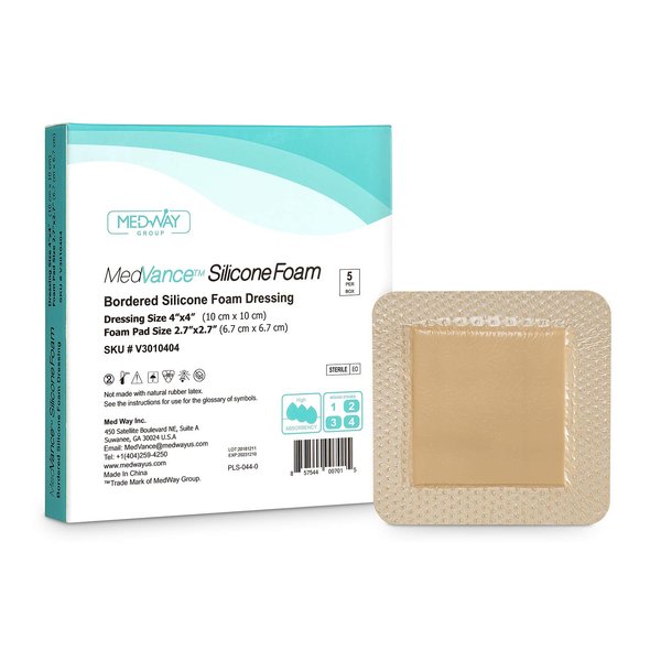 MedVance TM Silicone - Bordered Silicone Adhesive Foam Dressing Size 4"x4" (2.7"x2.7" pad), Box of 5 dressings
