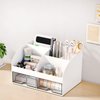 COMFYROOM Desk Organizer and Accessories with 6 Compartments and 2 Drawers, Plastic Makeup Organizer, Pen Holder for Desktop Storage, Desk Organization for School, Home, Office Supplies (White)