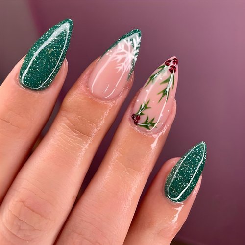 Christmas Press on Nails Almond Green Glitter Fake Nails Medium French Tip False Nails with Snowflake Designs Acrylic Nails Xmas Glue on Nails Glossy Medium Artificial Nails Stick on Nails for Women