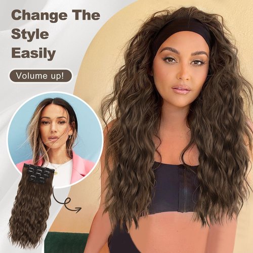 ALXNAN Clip in Hair Extensions, 16" Brown Thick Long Mermaid Waves Hair Extensions Invisible Lace Weft Soft Hairpieces For Women