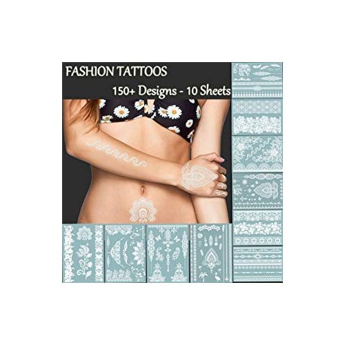 TAFLY Premium White Lace Tattoos - 150+ Designs Temporary Fake Jewelry Tattoos - Bracelets, Feathers,Elephant,Wrist & Arm Bands Transfer Body Tattoos Sticker for Women