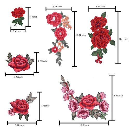 BronaGrand 12 Pieces 6 Pairs Embroidered Patches Various Rose Flower Sew on Patch for DIY Art Craft,Clothings,Jeans