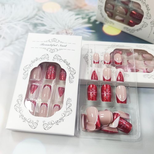 Christmas Snowflake Press on Nails 24 Pcs Xmas Tree Fake Nails Medium Square Red Sparkly French False Nails Glossy White Curve Line Stick on Nails Stars Gel Glue on Nails for New Years Gifts Women
