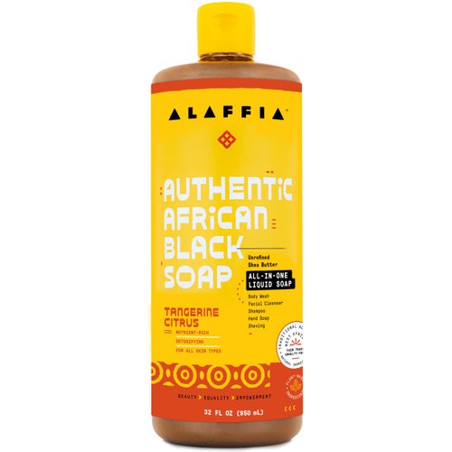 Alaffia Skin Care, Authentic African Black Soap, All in One Liquid Soap, Acne Face Wash, Moisturizing Body Wash, Shampoo, Shaving Soap, Shea Butter, Tangerine Citrus 32 Fl Oz