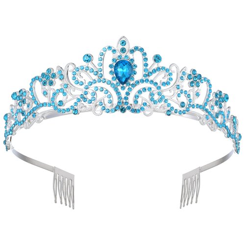 Blue Tiaras and Crowns for Women, Crystal Birthday Queen Crowns with Comb Rhinestone Princess Tiara Hair Accessories Wedding Crown for Brides