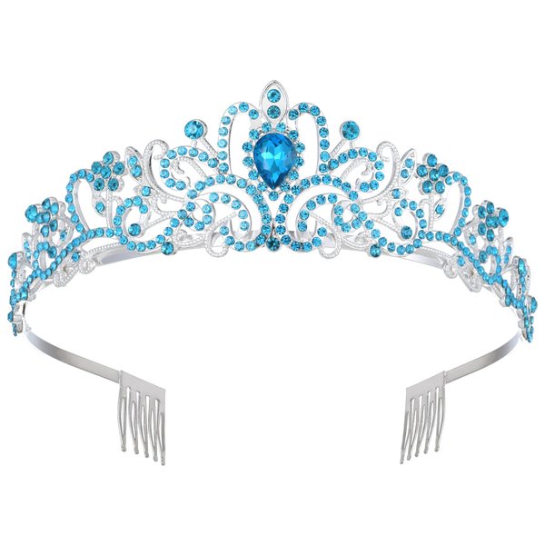 Blue Tiaras and Crowns for Women, Crystal Birthday Queen Crowns with Comb Rhinestone Princess Tiara Hair Accessories Wedding Crown for Brides
