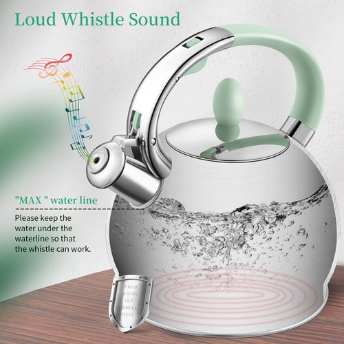 RETTBERG Tea Kettle for Stovetop Whistling Tea Kettles Modern Green Stainless Steel Teapots, 2.64 Quart (Mint Green)