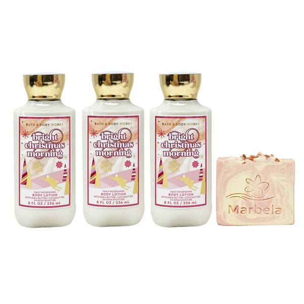 Bath & Body Works Bright Christmas Morning 3 Pack Daily Nourishing Body Lotion Set with a Himalayan Salts Springs Bar Soap - Full Size