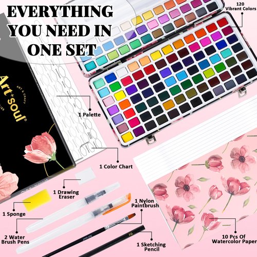 Art+soul 120 Rich Colors Selection, Watercolor Paint Set - Portable Design for Travelers, Painting Enthusiasts and Professional Artists, Art Supplies