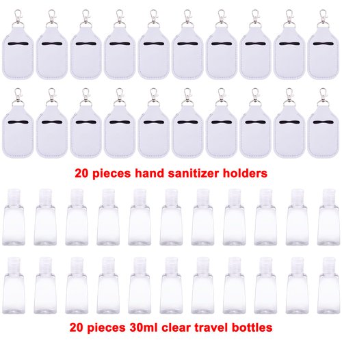 Duufin 40 Pieces Hand Sanitizer Holder Empty Travel Bottle Set Including 20 Pieces Hand Sanitizer Keychain Holders and 20 Pieces Reusable Flip Cap Travel Bottles for Hand Sanitizer, White