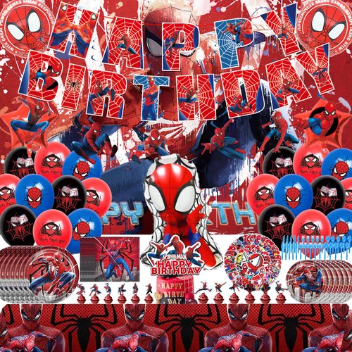 163Pcs Cartoon Spider Theme Party Supplies For Boys,Girls,Birthday Party Decorations,Includes banners,spirals, backdrops,tablecloths,plates,knives,forks and spoons,stickers,foil balloons,cake toppers