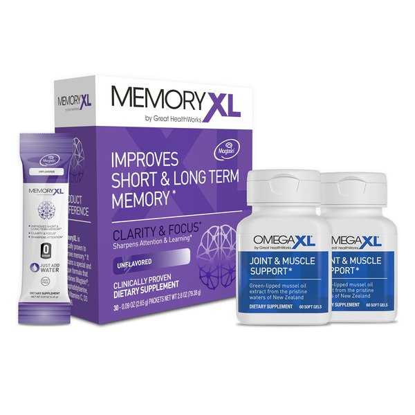 OmegaXL Joint Support Supplement for Relief - Natural Muscle Support, Green Lipped Mussel Oil, 60 Count (2 Pack). MemoryXL, Magnesium L-Threonate Brain Supplement - Memory & Focus Unflavored 30 Pack