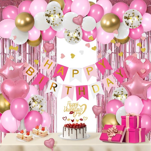 MSMANCY Pink Birthday Decorations for Women with HAPPY BIRTHDAY Banner Curtains Heart Star Balloons for 16th 18th 21st 30th 40th 50th 60th Birthday Party Supplies (Pink)