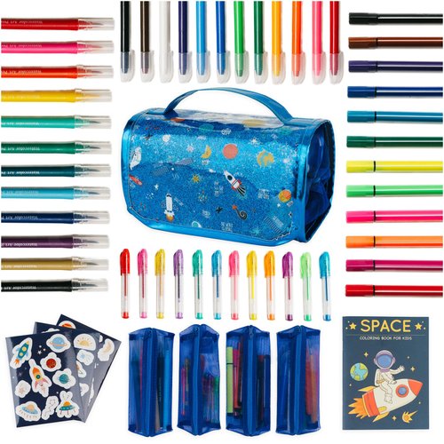 PapaKit Creative Art Coloring Set (Outer Space), Includes Travel Bag, Assorted Washable Marker Set, Glitter Pens & Coloring Pages, Art Supplies Great Gift for Kids