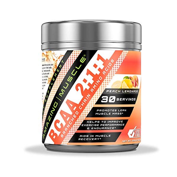Amazing Muscle BCAA 2:1:1 Branched Chain Amino Acids Supplement | 6000 Mg Per Serving | Peach Lemonade Flavor | 30 Servings
