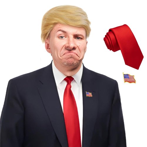 MESINURS Trump Wig Halloween Costumes - President Donald Funny Hairpiece with Red Tie & Flag Brooch for Adult, Celebrity Party Blonde Wig Apparel for Men Women (Wig+Tie+Brooch)