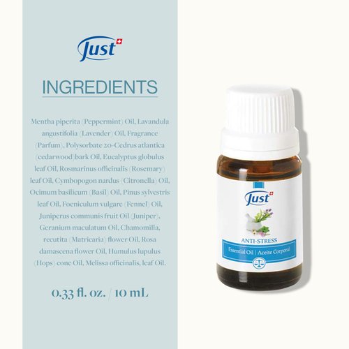 Swiss Just Stress Relief, Anti-Stress Activator Essential Oil 10ml. A Specific & Balanced Blend of 15 Natural Essential Oils. with Basil & Lavender Extract, 10 ml