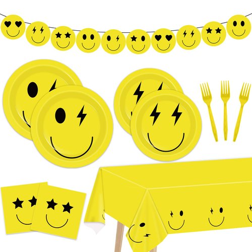 Justforjoyful 98 Pcs Smile Face Birthday Decoration Set Preppy Party Supplies Yellow Smile Face Plates and Napkins Tableware Set with Preppy Banners Tablecloth Smile Birthday Party Favors Party Decor
