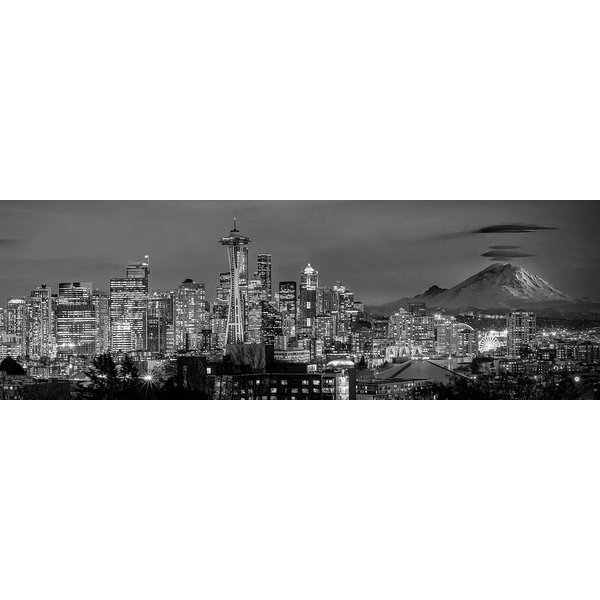 PHOTOSBYJON Seattle Skyline 2020 Photo Print UNFRAMED Dusk BW Black & White City Downtown 11.75 inches x 36 inches Rainier Photographic Panorama Poster Picture Standard Size