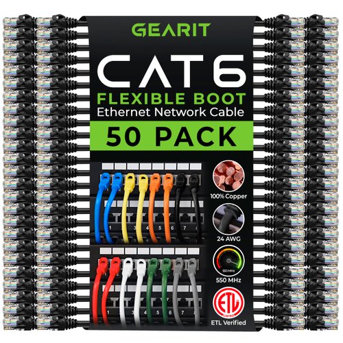 GearIT 50-Pack Cat6 Patch Cable 1 Foot Cat 6 Ethernet Cable Snagless Flexible Soft Tab - Preimum Series - Black