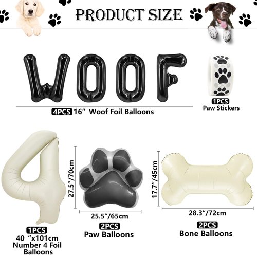 Dog Theme Balloons - 4th Dog Birthday Party Decorations, 40 Inches Number 4 Foil Balloons, Paw and Bone Balloons, WOOF Letter Balloons, Paw Prints Stickers for Pet Kids Dog Birthday Party Supplies