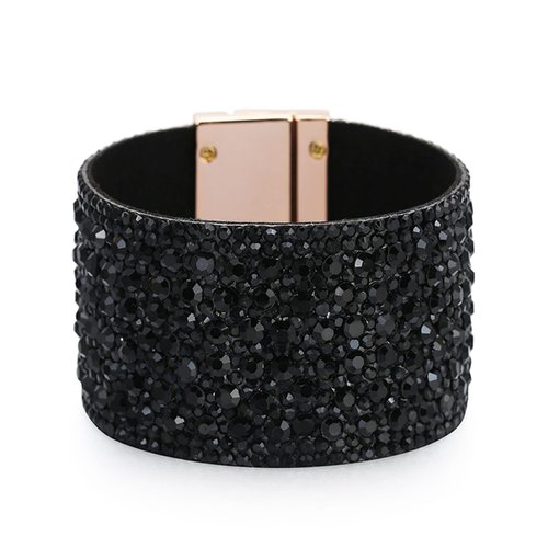 Long tiantian Black Bracelets for Woman Black Jewelry Bohemian Bangle Leather Bracelet for Women Wide Edge Bracelet Rhinestone Wide Bracelet for Teen Girls Leather Wrap Cuff Bracelet(black)