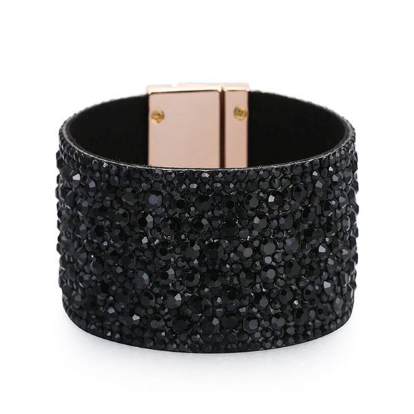 Long tiantian Black Bracelets for Woman Black Jewelry Bohemian Bangle Leather Bracelet for Women Wide Edge Bracelet Rhinestone Wide Bracelet for Teen Girls Leather Wrap Cuff Bracelet(black)