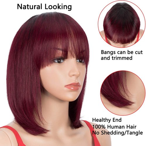 Spotlight Ombre Burgundy Red Bob Human Hair Wigs with Bangs 10 Inch Ombre Red Short Bob Wigs With Bangs 180% Density (Ombre Red, TT1B/99J Color)
