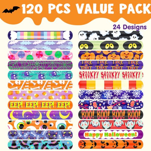 JOYIN 120 PCS Halloween Slap Bracelets Party Favors for Kids - 24 Designs Bracelets for Halloween Decorations, Halloween Treat Bag Stuffers, Non-candy Gift