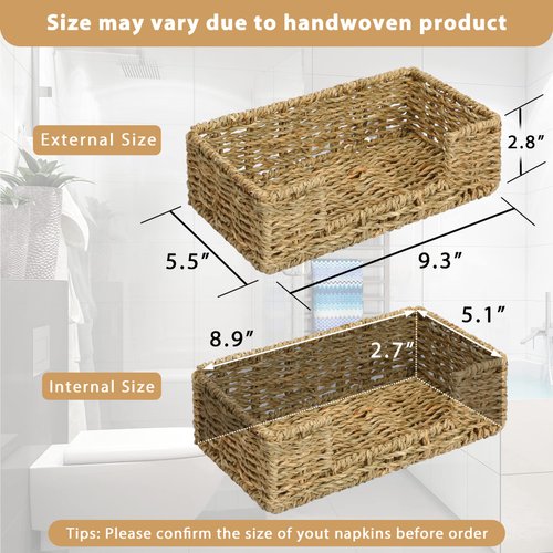 Graciadeco Bathroom Disposable Guest Towel Napkin Holder Long Seagrass Woven Rattan Wicker Table Dinner Paper Hand Guest Towel Napkin Basket Tray Caddy for Kitchen