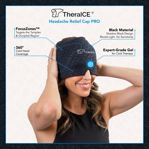 TheraICE Migraine Relief Cap PRO, Headache Relief Cap, Ice Face Mask, Cold Compress Head Wrap for Tension Headache Relief, Stress & Hangover, FocusZone Technology Provides Extra Cooling & Pressure