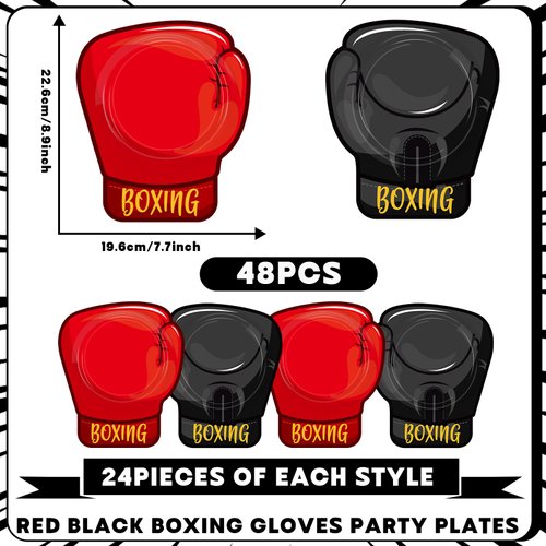 Justforjoyful 48PCS Boxing Birthday Party Supplies Red Black Boxer Gloves Plates Wrestling Tableware Set Boxing Disposable Dinner Dessert Dinnerware for Men Kid Adult Sports Birthday Party Decorations