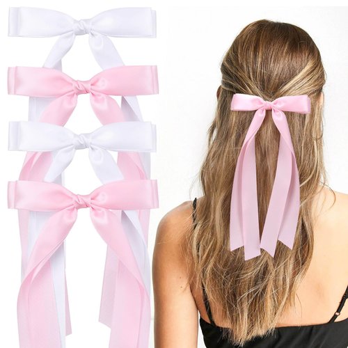 VOBOBE 4PCS Hair Bows for Women Girls, White Pink Satin Tassel Hair Ribbon Bowknot Hair Clips Barrettes for Girl with Small Long Tail Hair Accessories (White+Pink)