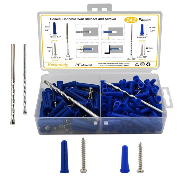 Kevinrooty Conical Concrete Wall Anchors and Screws Kit,240 Pcs Wall Anchors and Self Tapping Screw with 2 Pcs Masonry Drill Bits,for Stucco Concrete Masonry Brick Wall.