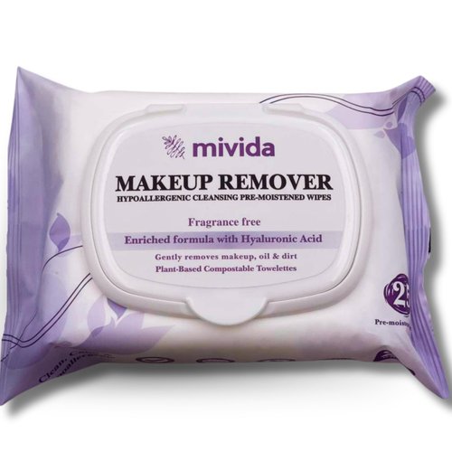 mivida Hypoallergenic Makeup Remover Wipes | Facial Cleansing Makeup Remover Face Wipes with Hyaluronic Acid | Fragrance Free,Alchohol Free wipes | 25 Count