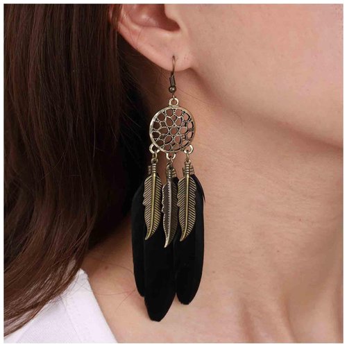 Sttiafay Boho Black Feather Dangle Earrings Long Feather Tassel Earrings Vintage Tribal Feather Earrings Gold Feather Drop Earrings Jewelry for Women