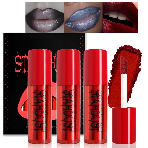 Wugbc Blood Red Lipstick Black Grey Blue Halloween Makeup Kit, 3 Colors Matte Melting Lip Powder Cream Lip Gloss Glitter for Women Long Lasting Highly Pigmented Lips Eyes & Cheeks Tint Goth Cosplay