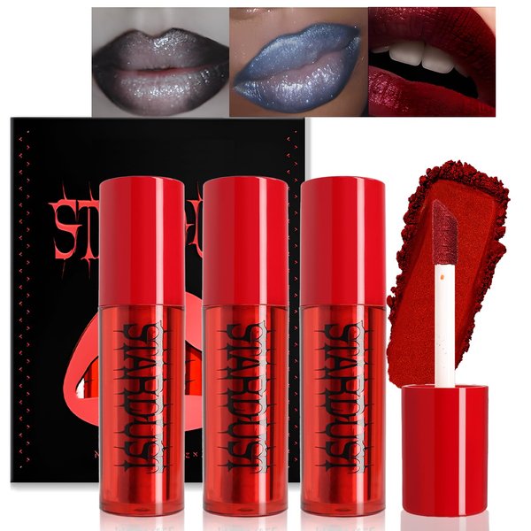 Wugbc Blood Red Lipstick Black Grey Blue Halloween Makeup Kit, 3 Colors Matte Melting Lip Powder Cream Lip Gloss Glitter for Women Long Lasting Highly Pigmented Lips Eyes & Cheeks Tint Goth Cosplay