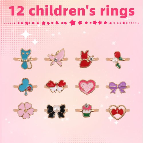BXDOW 12Pcs Little Girl Jewel Rings in Box, Adjustable Flower Strawberry Rings Girls Kids Pretend Play, Cute Metal Rings with Heart Shape Display Case Party Favors Toys Gifts for Halloween, Christmas