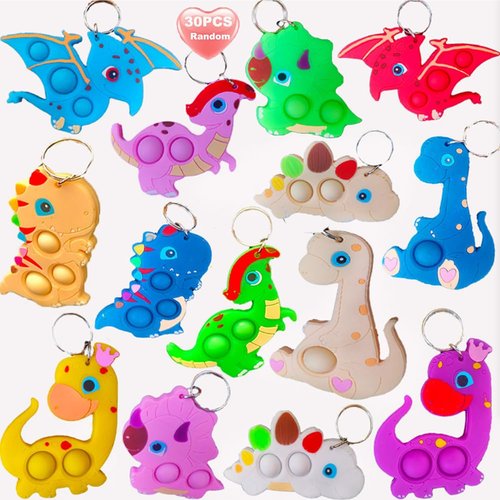 30 Packs Bulk Backpack Dinosaur Animal Mini Pop Assorted fidgets Keychain Decor for Kids Party Fa...