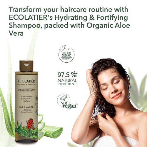 Hydrating & Strengthening Hair Shampoo with Organic Aloe Vera ECOLATIER, 250ml - 97.5% Natural, Vegan - Rice Proteins & Sweet Flag for Moisturized Hair - 8.5 Fl Oz