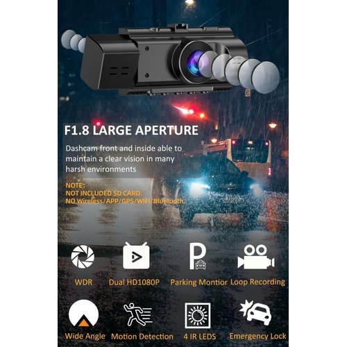 Dual Dash Cam Front and Inside FHD 1080P Dashcams for Cars with Infrared Night Vision Car Camera Driving Recorder 24H Park Monitor Motion Detection G-Sensor for Taxi Uber