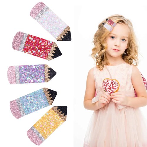 Back To School Hair Clips, Beleki 5PCS Pencil Hair Clip for Girls Teacher Appreciation Glitter Sp...